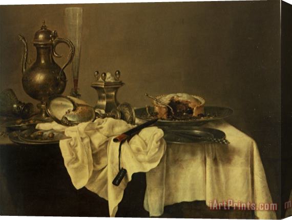 Willem Claesz Heda A Blackberry Pie, an Upturned Cup, Salt Cellar, Wine Ewer, Roemer Knife, Tablecloth Draped Peweter Plates Stretched Canvas Painting / Canvas Art