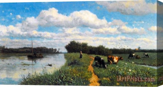 Willem Roelofs Cows Grazing Near a Canal, Schiedam Stretched Canvas Painting / Canvas Art