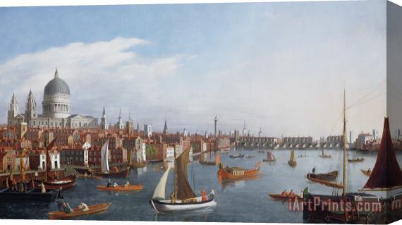 William James View of the River Thames with St Paul's and Old London Bridge Stretched Canvas Painting / Canvas Art