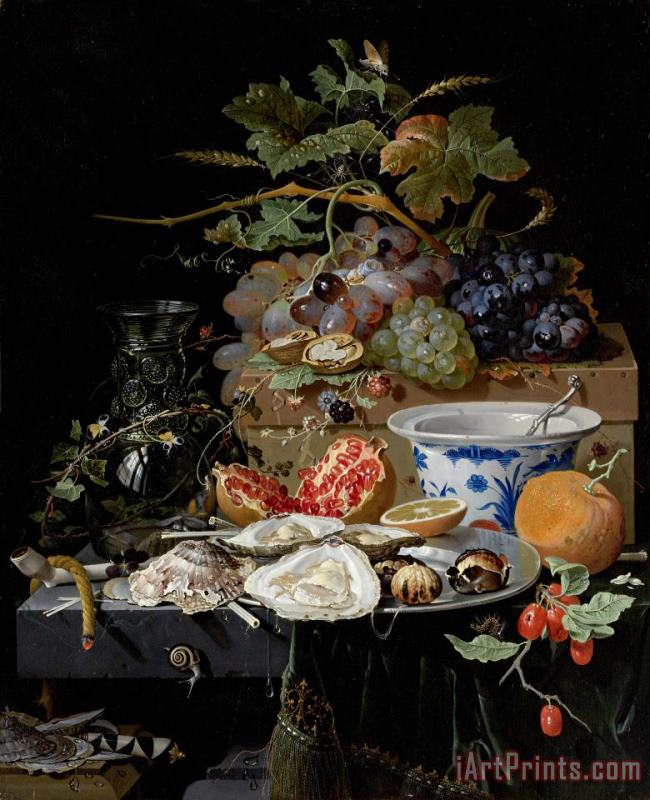 Abraham Mignon Still Life with Fruit, Oysters And a Porcelain Bowl Art Print