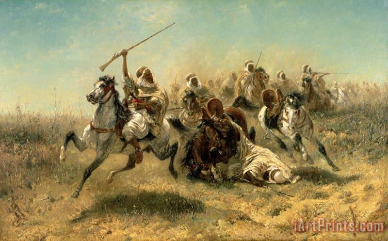 Arab Horsemen on the attack painting - Adolf Schreyer Arab Horsemen on the attack Art Print