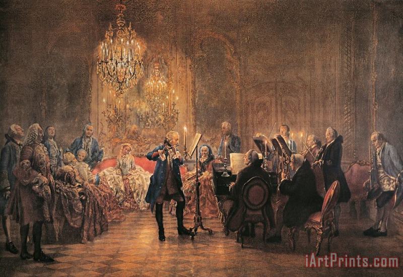 depicting a flute concert of Frederick the Great painting - Adolf von Menzel depicting a flute concert of Frederick the Great Art Print
