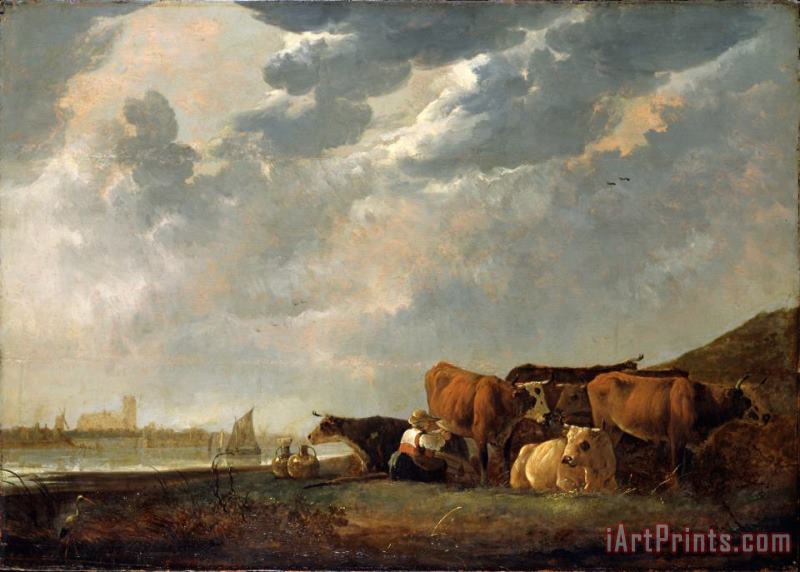 Cattle Near The Maas with Dordrecht in The Distance painting - Aelbert Cuyp Cattle Near The Maas with Dordrecht in The Distance Art Print