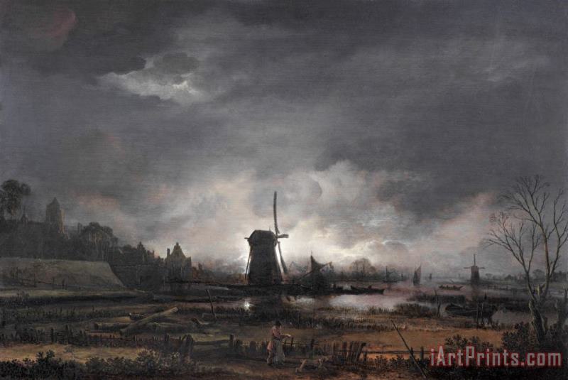Moonlit Landscape with a Windmill, Early to Mid 1650's painting - Aert van der Neer Moonlit Landscape with a Windmill, Early to Mid 1650's Art Print
