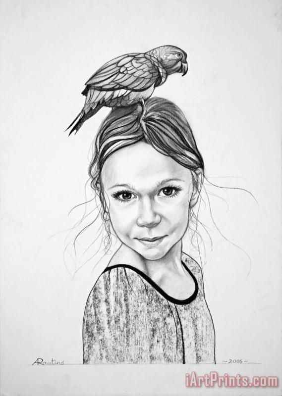 Agris Rautins Portrait of a girl with parrot Art Print