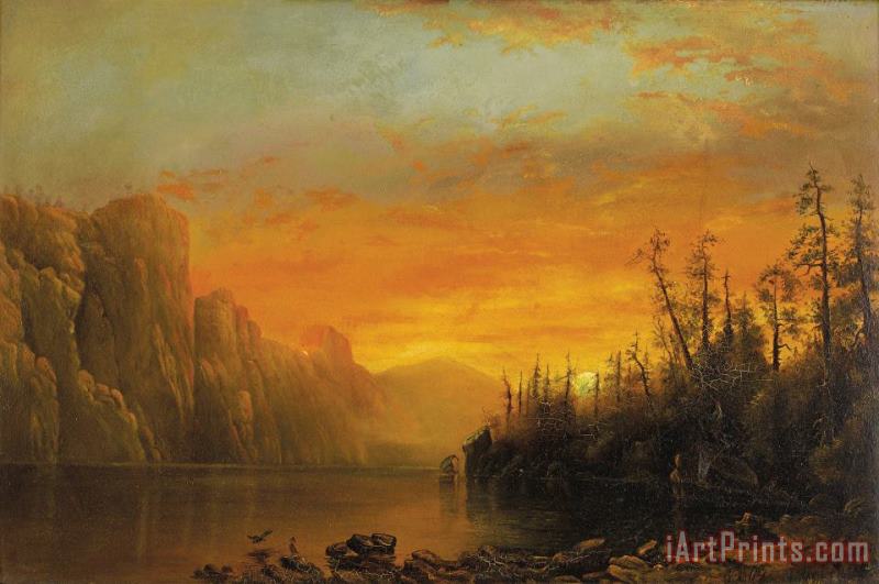 Albert Bierstadt Sunset Behind The Cliffs Art Painting