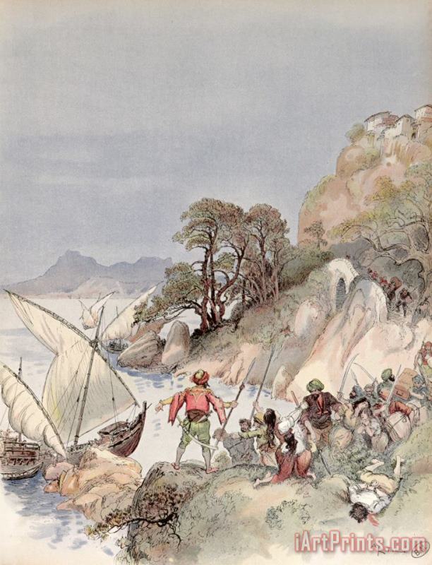 Albert Robida Pirates From The Barbary Coast Capturin Gslaves On The Mediterranean Coast Art Print