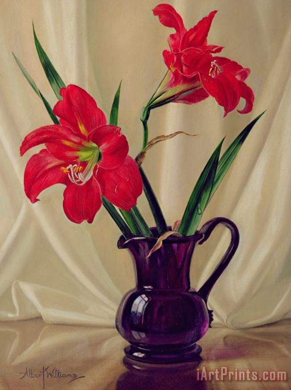 Albert Williams Amaryllis Lillies in a Dark Glass Jug Art Painting