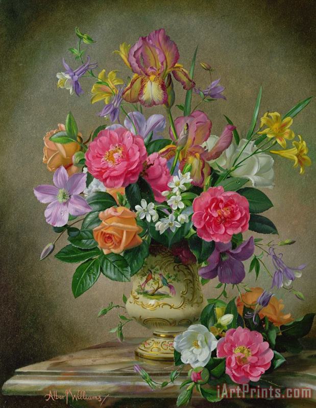 Albert Williams Peonies And Irises In A Ceramic Vase Art Print