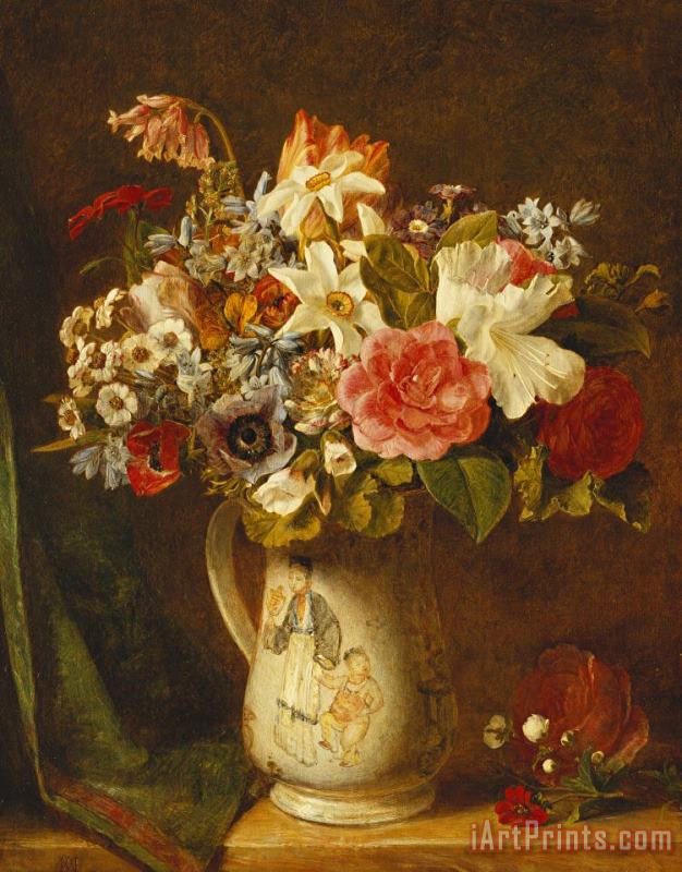 Alfred Morgan Roses Narcissi And Other Flowers In A Vase Art Painting