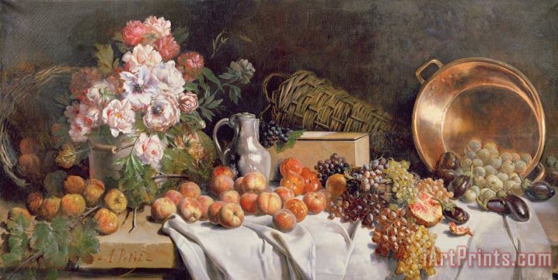 Alfred Petit  Still life with flowers and fruit on a table Art Print