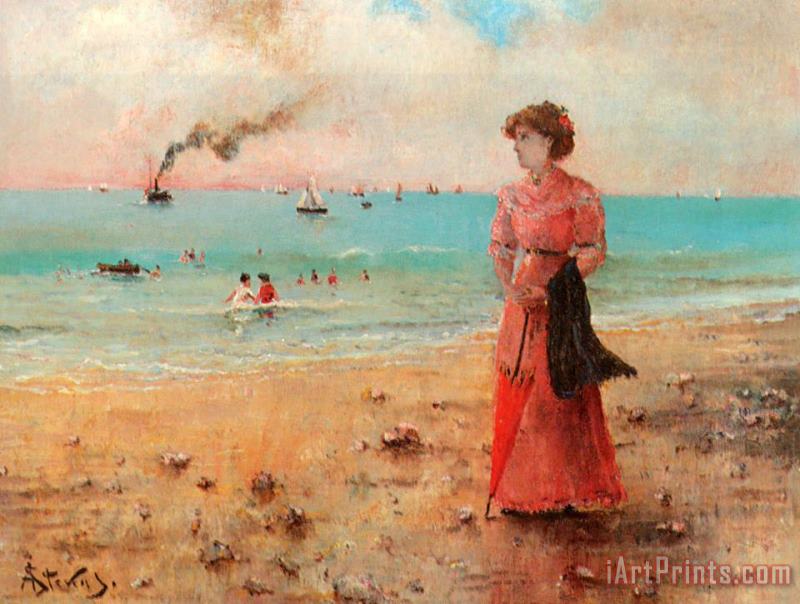 Alfred Stevens Jeune Femme a L'ombrelle Rouge Au Bord De La Mer Art Painting
