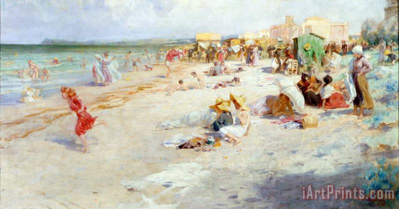 Alois Hans Schram A Busy Beach in Summer Art Painting