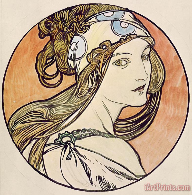 Alphonse Marie Mucha Alphonse Marie Mucha Woman with a Headscarf W C on Paper Art Painting