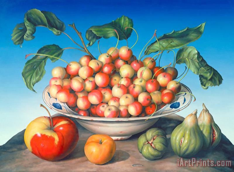 Cherries in Delft bowl with red and yellow apple painting - Amelia Kleiser Cherries in Delft bowl with red and yellow apple Art Print