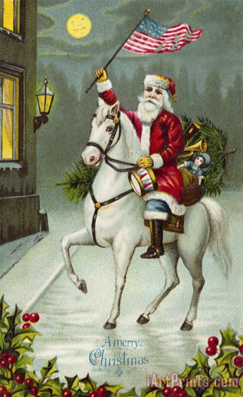 American School A Merry Christmas card of Santa Riding a White Horse Art Print