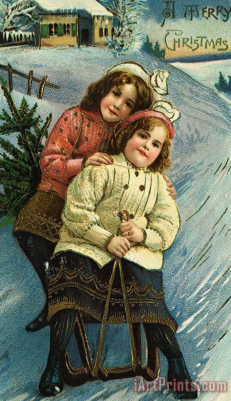 A Merry Christmas Postcard with Sledding Girls painting - American School A Merry Christmas Postcard with Sledding Girls Art Print