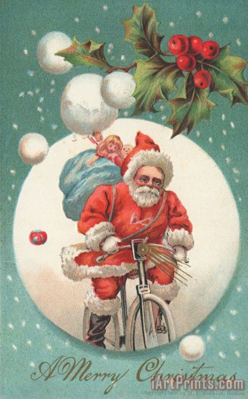 American School American Christmas Card With A Cycling Father Christmas With His Sack Of Gifts Art Print