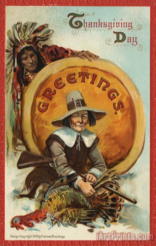 American School Postcard of Pilgrim Plucking a Turkey Art Painting