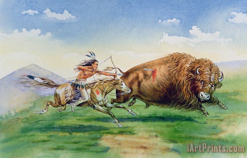 American School Sioux Hunting Buffalo on Decorated Pony Art Print