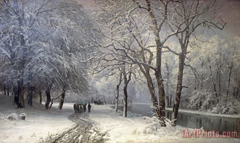 A Winter Landscape with Horses And Carts by a River painting - Anders Andersen-Lundby A Winter Landscape with Horses And Carts by a River Art Print