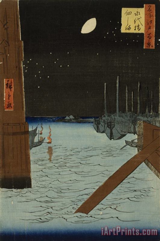 Ando Hiroshige Moon Over Ships Moored at Tsukuda Island From Eitai Bridge From One Hundred Views of Famous Places in Edo Art Painting