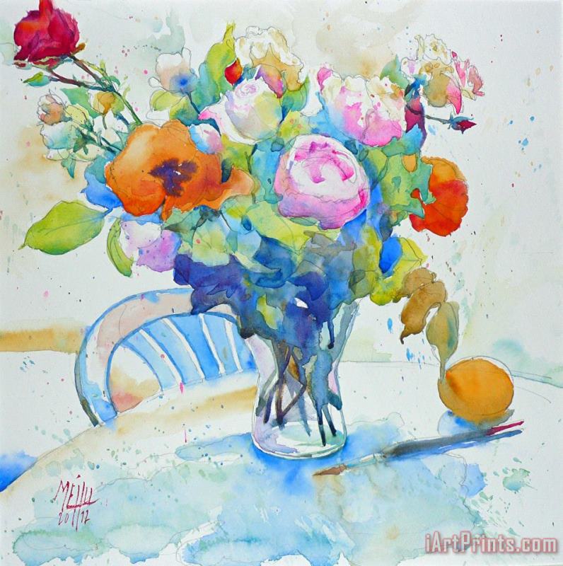 Bouquet and orange painting - Andre Mehu Bouquet and orange Art Print