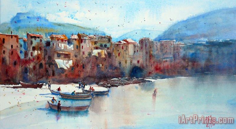 Fishing boats on the beach of Cefalu painting - Andre Mehu Fishing boats on the beach of Cefalu Art Print