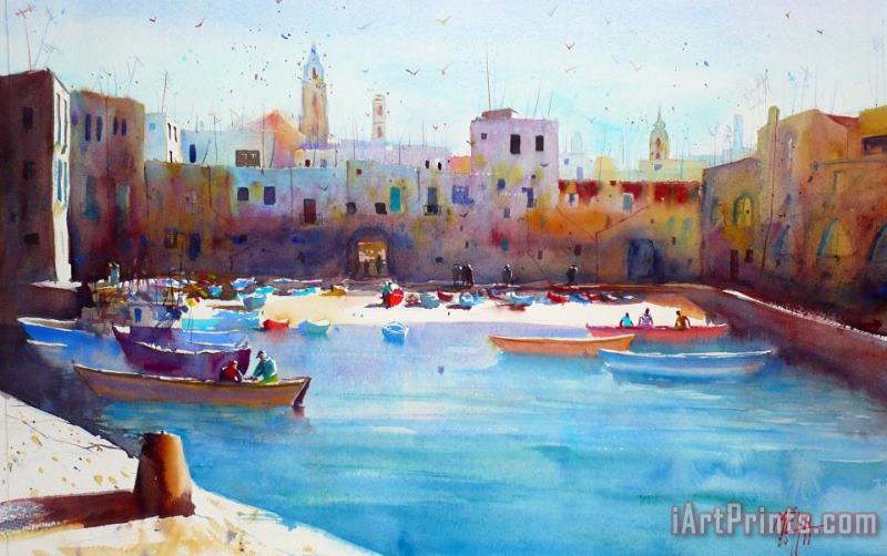 Andre Mehu Fishingboats in the harbor of Monopoli Art Print