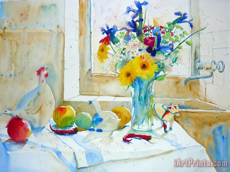 Andre Mehu Iris and white hen Art Print