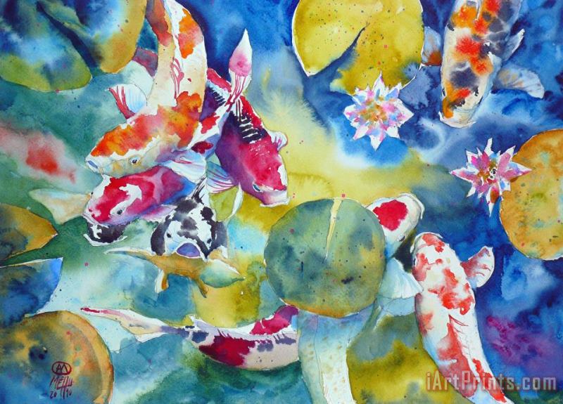Koi And Two Waterlilies Flowers painting - Andre Mehu Koi And Two Waterlilies Flowers Art Print