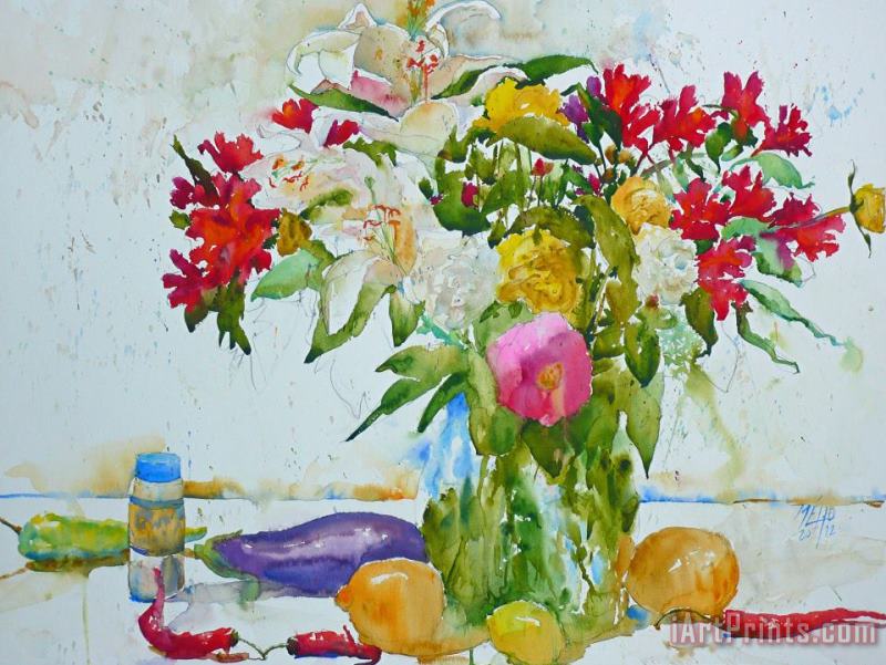 Andre Mehu Lilies and red peppers Art Print