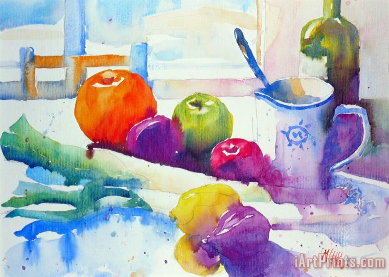 Plums and leeks painting - Andre Mehu Plums and leeks Art Print