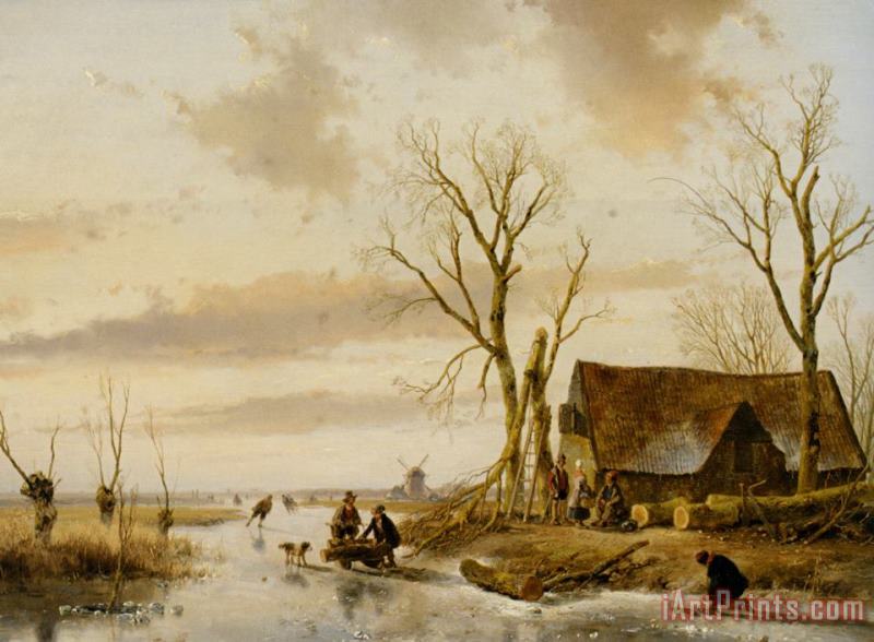 Andreas Schelfhout A Winter Landscape with Skaters on a Frozen River Art Print