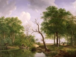 Andreas Schelfhout A Wooded River Landscape With Sportsmen In A Rowing Boat