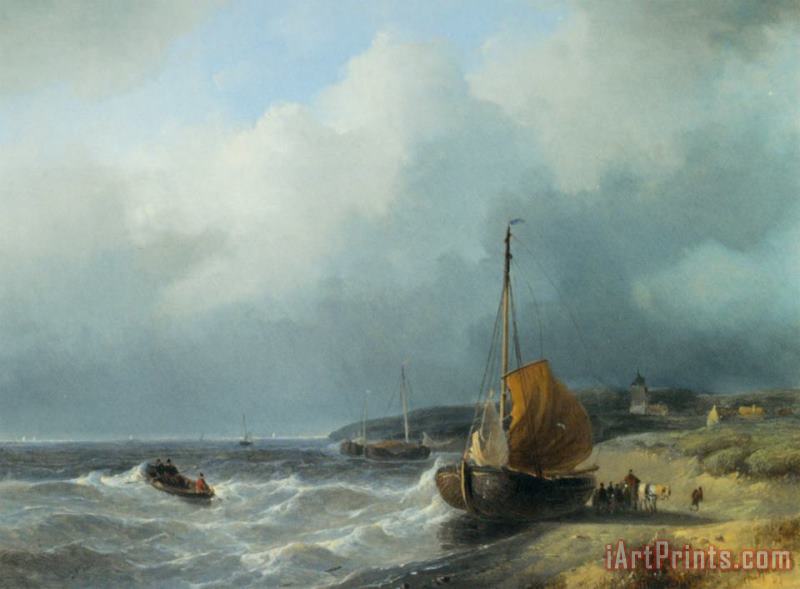 Andreas Schelfhout Fisherfolk by a Beached Bomschuit Art Painting