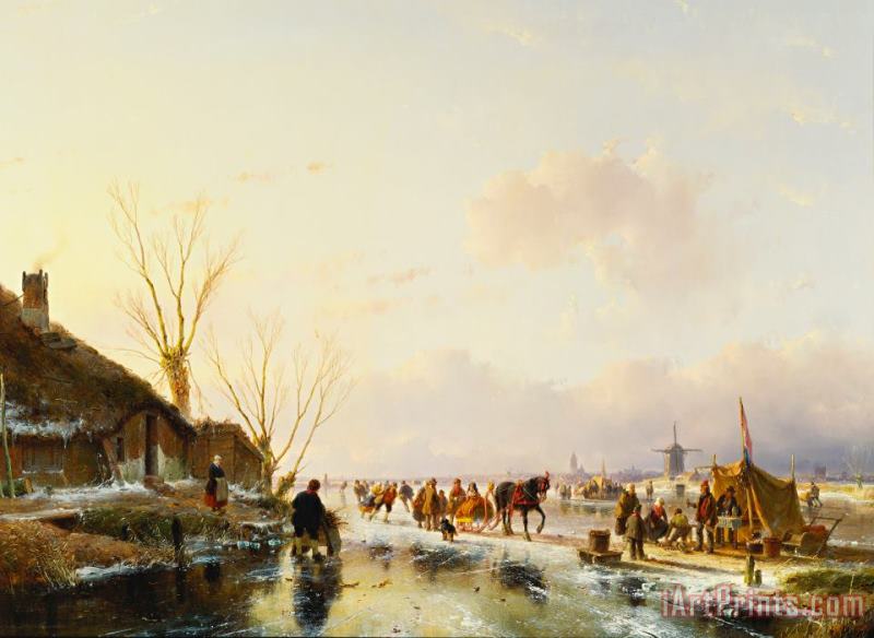 Andreas Schelfhout Skaters By A Booth On A Frozen River Art Print