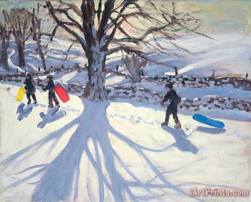 obogganers near Youlegrave painting - Andrew Macara obogganers near Youlegrave Art Print