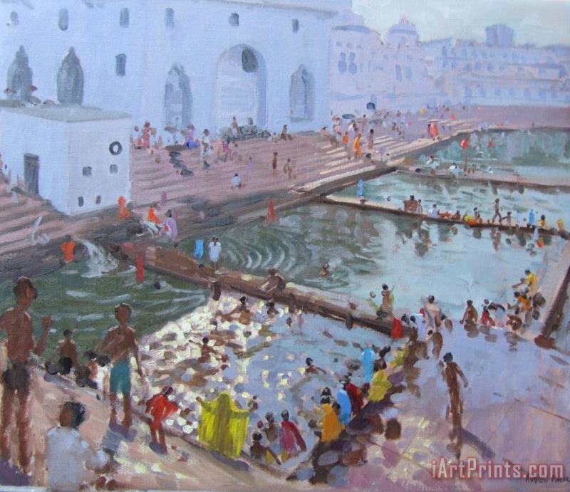 Pushkar ghats Rajasthan painting - Andrew Macara Pushkar ghats Rajasthan Art Print