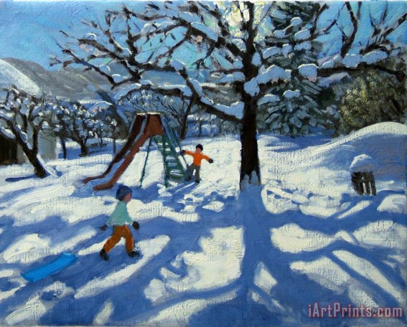 The slide in winter painting - Andrew Macara The slide in winter Art Print