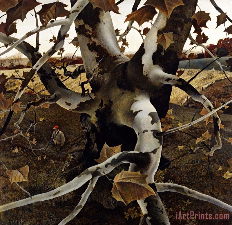 Sycamore Tree And Hunter October 16 1943 painting - andrew wyeth Sycamore Tree And Hunter October 16 1943 Art Print