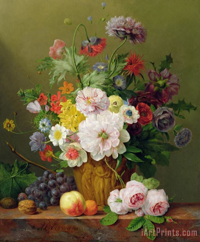 Anthony Obermann Still Life With Flowers And Fruit Art Painting