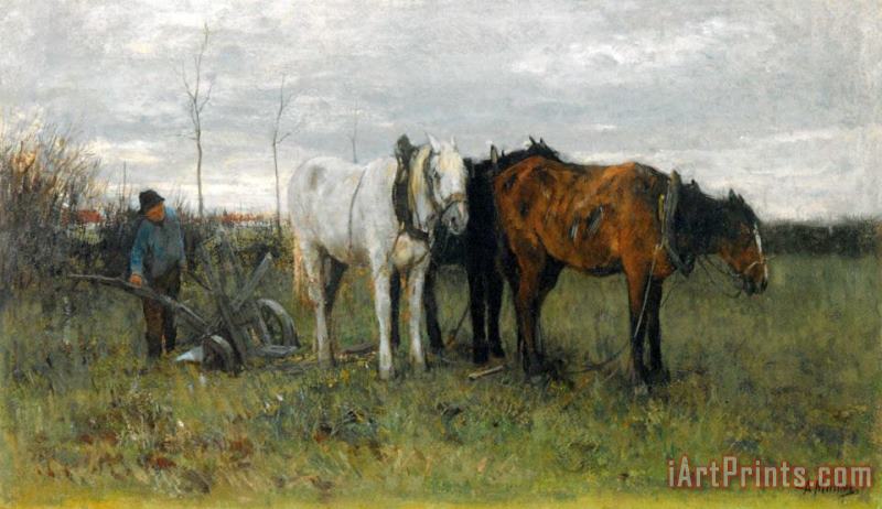 Anton Mauve A Ploughing Farmer Art Painting