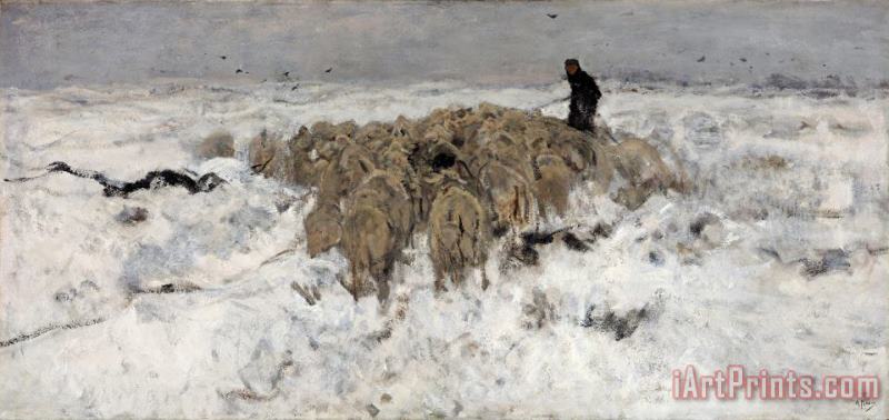 Anton Mauve Flock of Sheep with Shepherd in The Snow Art Print