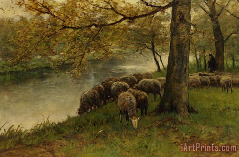 Anton Mauve Sheep Watering by a River Art Print