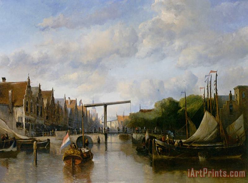A Busy Canal in a Dutch Town painting - Antonie Waldorp A Busy Canal in a Dutch Town Art Print