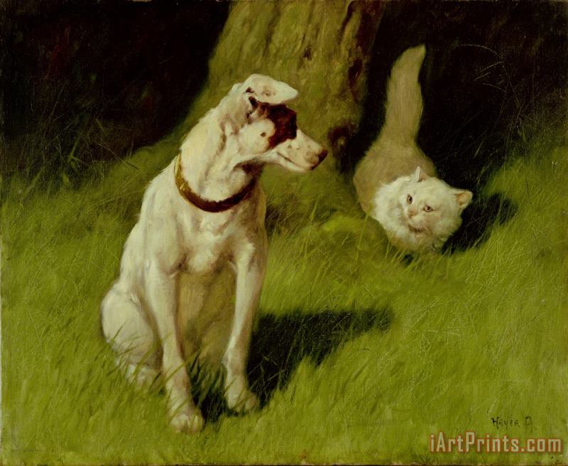 White Persian Cat and Jack Russell painting - Arthur Heyer White Persian Cat and Jack Russell Art Print