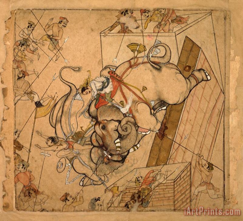 An Elephant Combat painting - Artist, maker unknown, India An Elephant Combat Art Print
