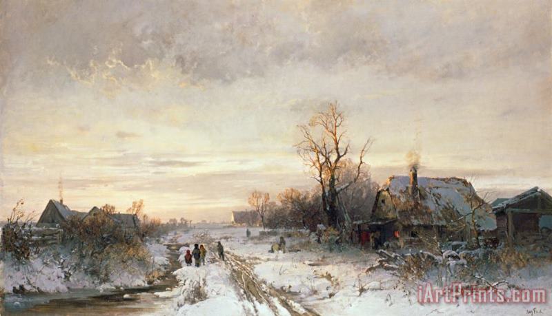Children playing in a winter landscape painting - August Fink Children playing in a winter landscape Art Print