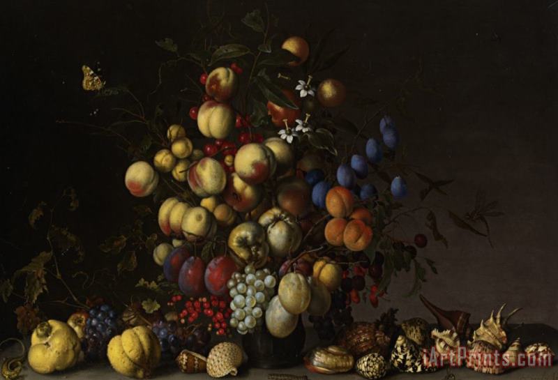 Various Fruit in a Vase with Insects And a Lizard painting - Balthasar Van Der Ast Various Fruit in a Vase with Insects And a Lizard Art Print